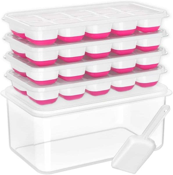 DOQAUS Ice Cube Tray with Lid and Bin - 4 Pack Silicone Ice Cube Trays for Freezer Stackable Ice Bucket Kits with Storage Container Scoop for Kitchen RV Cocktail Coffee