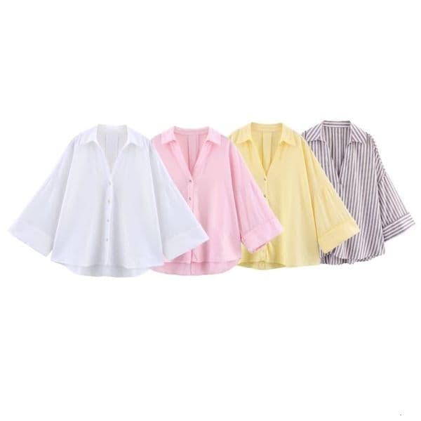HipSeam Wide Sleeved Shirt Women Spring Asymmetric Hem Button Womens Shirts Simple Lady Johnny Collar Blouses 260513
