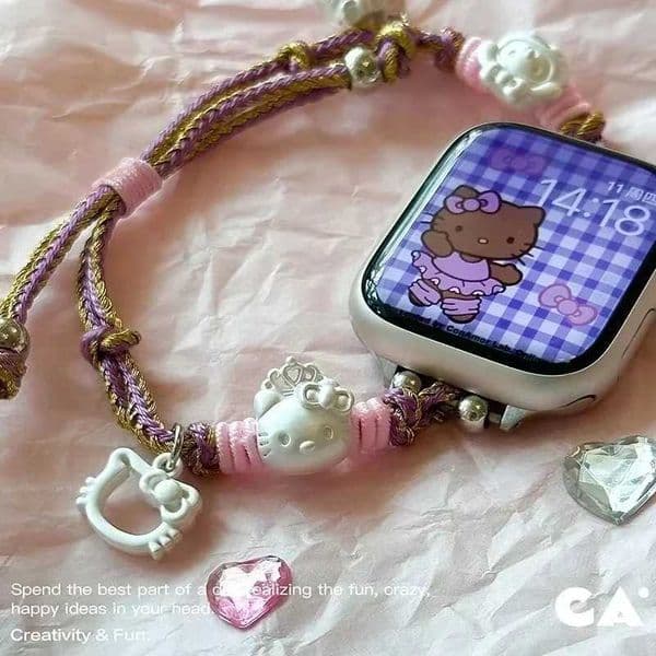 Hello Kitty Nylon Woven Chain Strap for iWatch Band 45mm 44mm 41mm 40mm 38mm Handmade Bracelet For iWatch 9 8 7 6 5 SE Watchband X260514