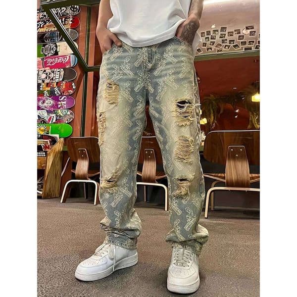 American-Style Washed Distressed Ripped Jeans for Men, Spring Autumn Straight-Leg Loose European and American High Street Long Pant 26L0514