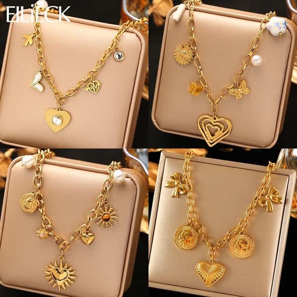 EILIECK 316L Stainless Steel Metal Heart Love Pendant Necklace For Women Gold Color Handmade Neck Chain Waterproof Jewelry Gift 260513