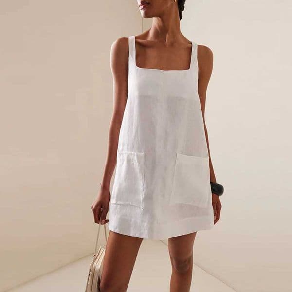 Summer Womens Linen Mini Dress 2025 New Chic Square Neck Slveless Loose Cotton Linen Straps Dresses With Pockets Vestidos Z260513