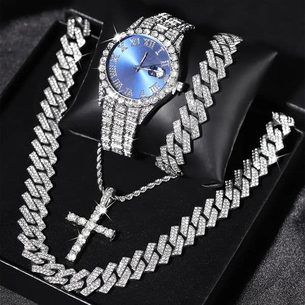 4pcs/set Mens Bling Wrist Watch Hip Hop Cuban Chain Necklace Set - Rhinestone Accented Round Dial Electronic Quartz Movement 260514