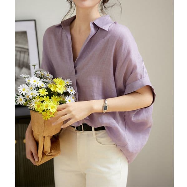 Breathable and lightweight ramie/loose-fitting high-end T-shirt top 2026 women's summer new purple short-sleeve