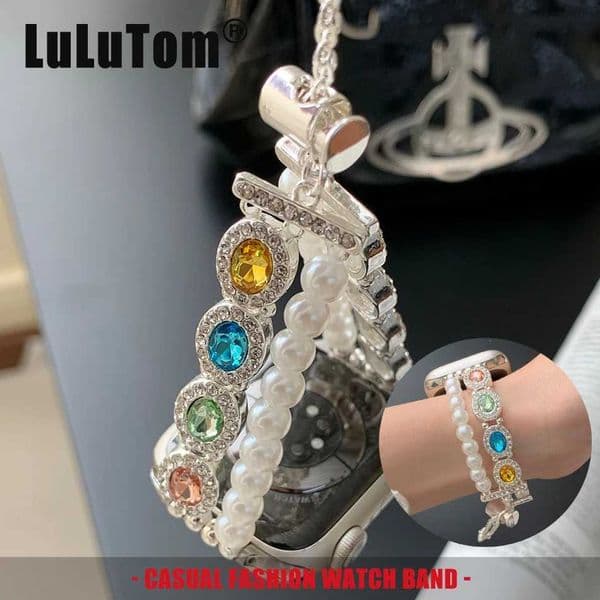 Colored Diamond Pearls Dual Chain Bracelet for Watch Band 11 10 9 8 7 6 5 SE Ultra Strap Iwatch 38 40 41 42 44 45 46 49mm X260514