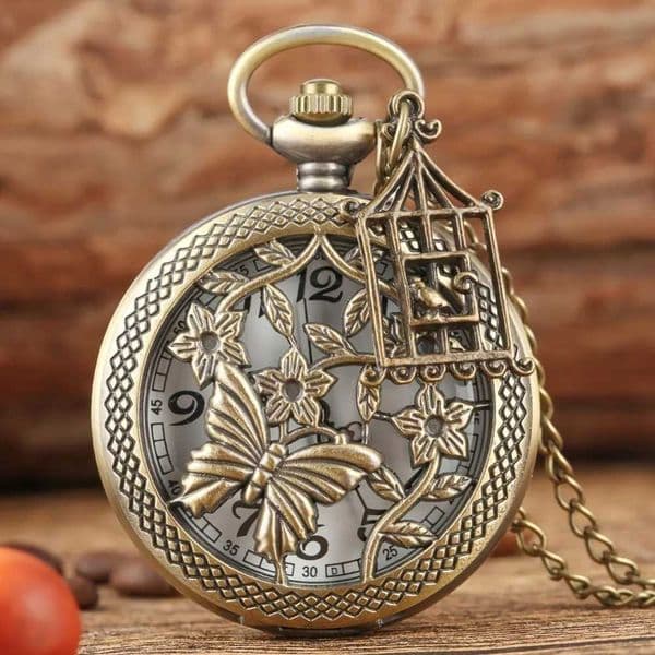 Exquisite Vintage Bronze Hollow Butterfly With Birdcage Pendant Quartz Pocket Watch with Necklace Chain Gift Men Women Clock H260514