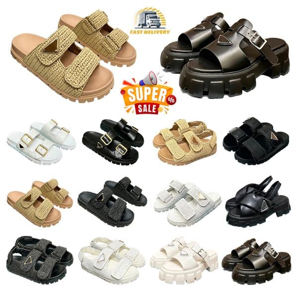 Summer Women Calfskin Quilted Designer Sandals Platform Flats Low Heel Wedge Shoes Diamond Buckle Beach Casual Slipper