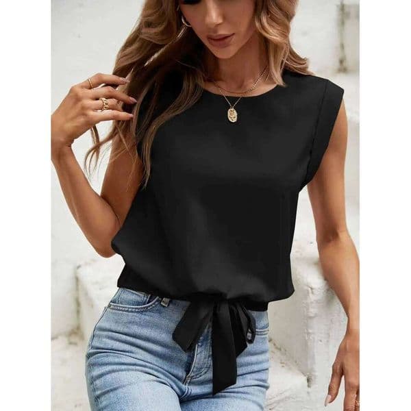 Women Fashion T-shirt Spring Summer Solid Black Sleeveless Crew Neck Tie Front Valentine's Day Elegant Stylish Casual Daily Top