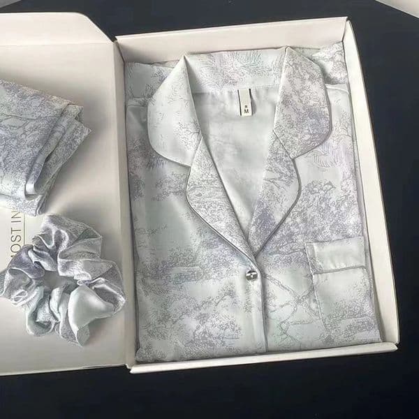 Ice Silk Women Pajama Lapel Button Cardigan Outfits for Women 2 Piece Set Fashion Printing Set Clothes for Women 260514