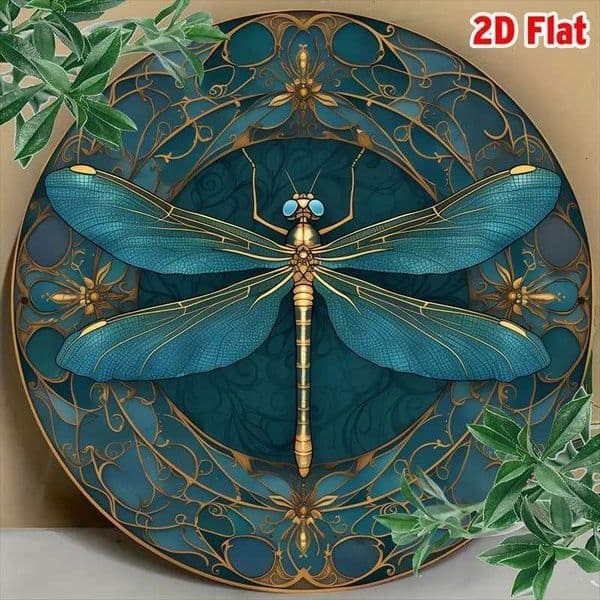 2D Flat Blue Gold Dragonfly Art Nouveau Round Metal Tin Sign - Vintage Insect Themed Wall Decor Ornate Floral Frame Art for C260514
