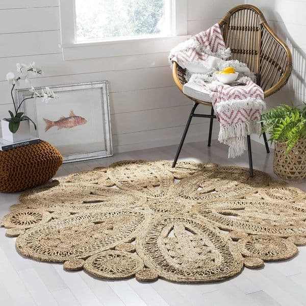 Handmade Jute Round Rug 3 - Natural Brown Boho Floral Design Sustainable Fiber for Farmhouse Coastal Decor Z260514