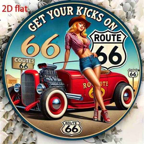 Vintage Route 66 Aluminum Wall Sign 8x8 Inch - Retro Metal Decor with Classic Car Red Roses Home Decor Essential C260514