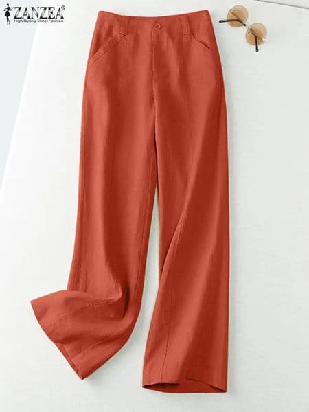 ZANZEA 2025 Autumn Summer Spring Fashion Women Pants Cotton Linen Long Trousers Wide Leg Plain Holiday Casual Pants Streetwear 260512