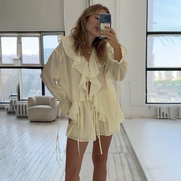 Tornova Womens Ruffled Shorts Sets V Neck Loose Lace Up Shirt Through Sexy Casual Female Spring Matching 260513