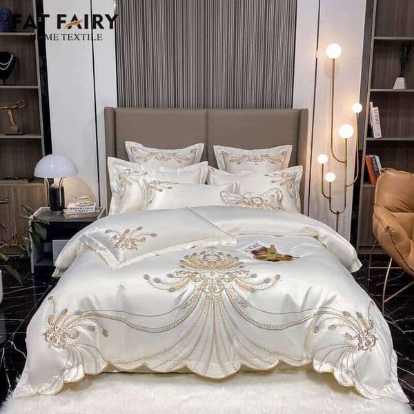Luxury Gold Feather Embroidery Egyptian Cotton Champagne/Light Yellow Patchwork Duvet Cover Bed Sheet Pillowcases Bedding Set 26Y0514