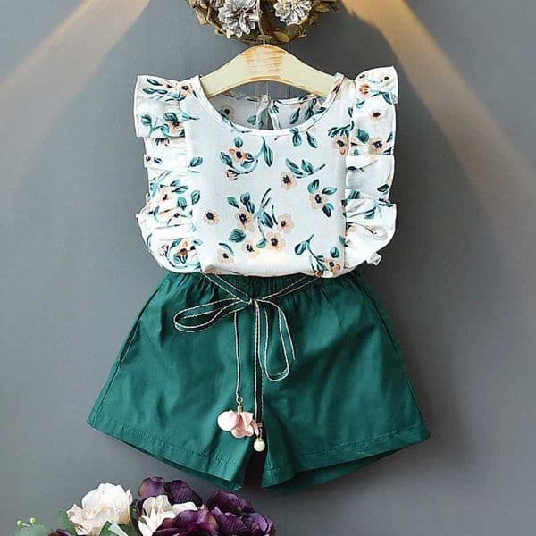 Girls Clothing Ruffle Sleeveless T-shirtSkirt 2PCS Sets Baby Girls Clothes Chiffon Flower Print Toddler Outfits Children A402L2605144HWL