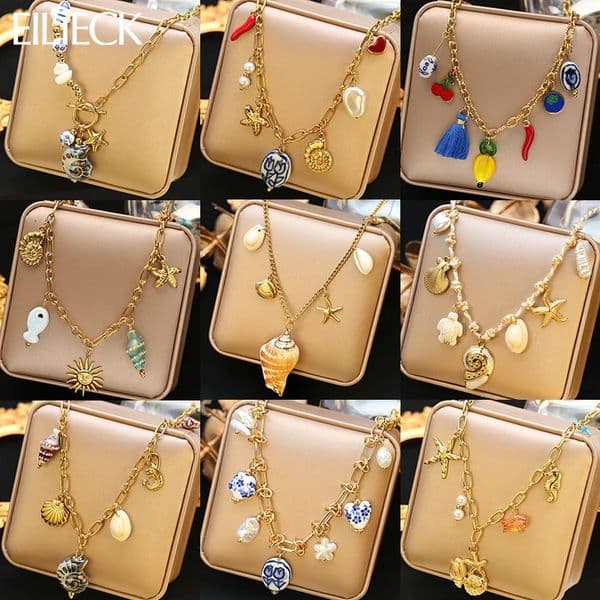 EILIECK 316L Stainless Steel Shell Starfish Pendant Necklace Delicate Fashion Ocean Style Waterproof Metal Collar Jewelry Gift 260513