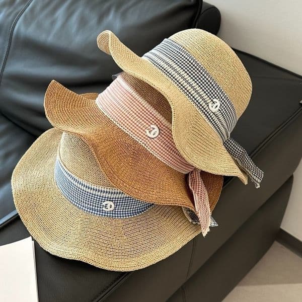 Designer Straw Hat Women's Plaid Bow Wide Brim Straw Sun Hat Designer Hat Sun Hat UV Protection Dome Cap for Summer Beach Daily Wear thumbnail 3