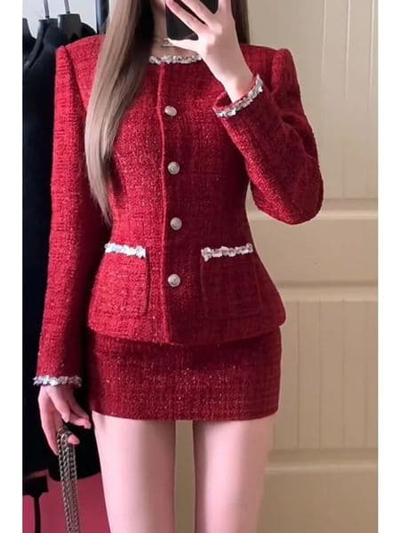 Two Piece Set Women Red Tweed Suit Set with Blazer and Skirt Lace Detail and Buttons Chic Fashion Set for Casual Formal Events 260513