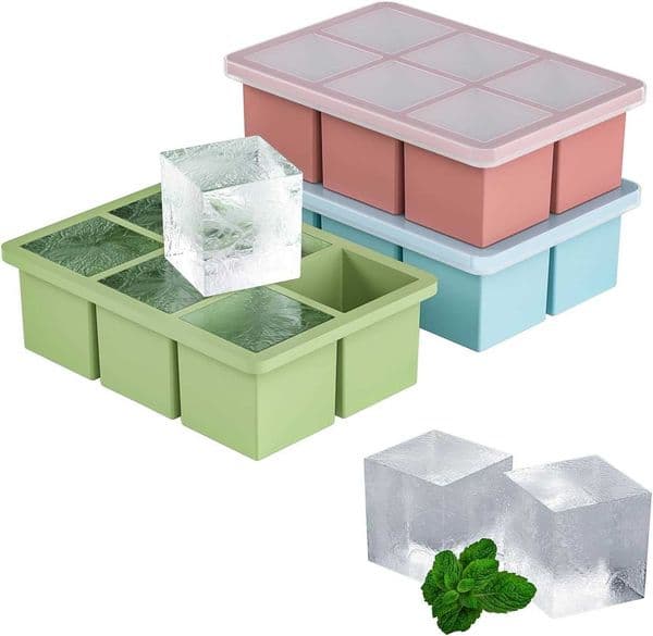 Large Ice Cube Tray for Whiskey 3 Pack HANCELANT Big Silicone Square Ice Cube Mold with Removable Lid 2 Huge Square Ice Cubed Tray for Whisky and CocktailBlueGreenPink