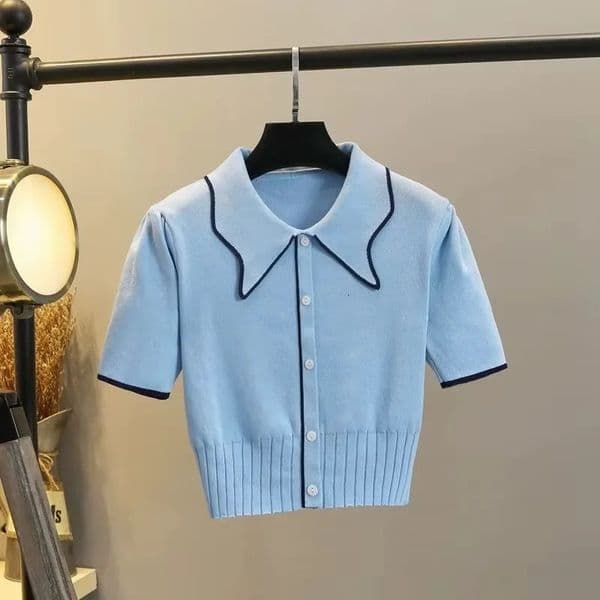 Women Sweater Korean Fashion Viscose Color Block Pullover Lapel Collar Knit with Princess Sleeve for Spring Summer Clothing 260515