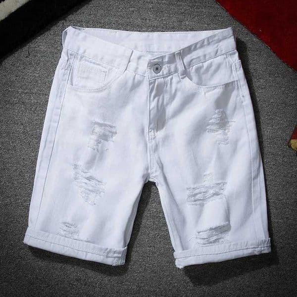 Men White Denim Shorts New Summer Men Holes Casual Shorts Jeans Men Cotton Solid Slim Fit Shorts Pants Knee Length Pants Q260514