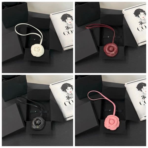 Premium Camellia Leather Bag Charm Designer Elegant Bag Pendant New Genuine Leather Keychain Luxury Handbag Charm Fashion Jewelry Gift for Women