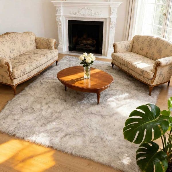 White and Grey Area Rugs 9x12 Living Room Large Washable Faux Fur Rugs for Bedroom Nursery Shaggy Sheepskin Fur Rectangle Rug Z260514