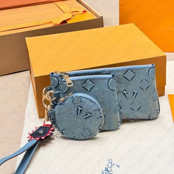 Designer Handbag 3pcs Denim Monogram Print Purse Pouch Set with Keychain Zippered Coin Purse & Card Holder Women's Multi-Function Wallet for Daily Use AV260514130