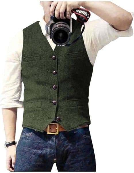 Mens Casual Classic Suit Vest V Neck Herringbone Tweed Slim Fit Business Waistcoat For Wedding 260514