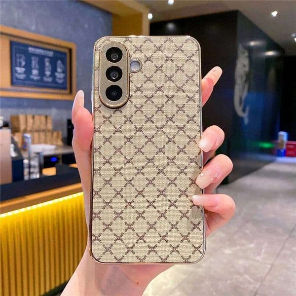 Gold Plating Grid Pattern leather Phone Case For Galaxy A17 A57 A37 A56 A55 A16 A35 A15 A36 Anti-Drop Hard Protect Cover 26Y0515