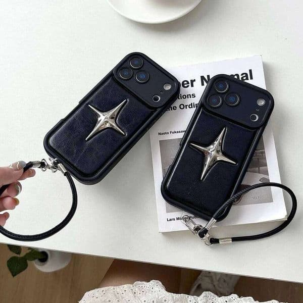 Luxury Metal Star PU Leather With Lanyard Phone Cover Case for iPhone 16 15 14 13 Pro Max 17 Air Men Women Stylish Cases 26Y0515