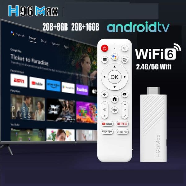 H96 MAX Android TV Stick Allwinner H313 with 24G Wifi 5G Wifi6 Dual 8GB 16GB 4K 3D HDR Goole Voice Remote DC 5V 2A 260511