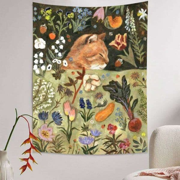 VIKAMA Flowering Nature Cat Swan Meadow Soft Cute Wind Tapestry Bedroom Living Room Cosy Ambience Home Decor 26W0515