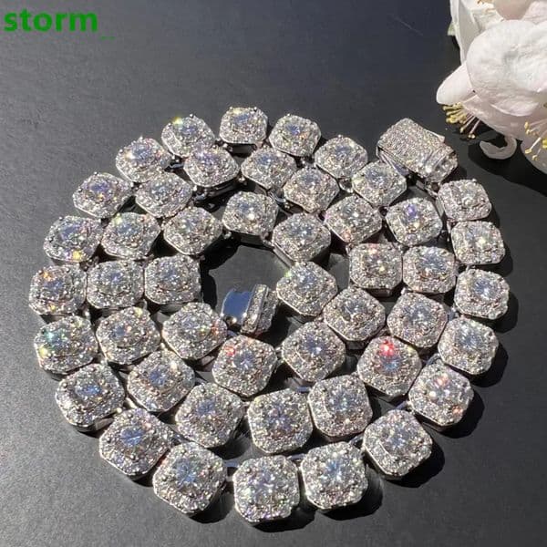 Street Luxury 10mm Vvs Moissanite Iced Out Hip Hop Cluster Tennis Necklace 925 Sterling Silver Dazzling Moissanite Tennis Chain