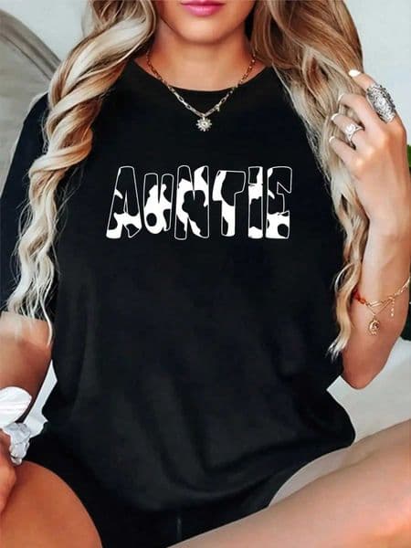 Chic Auntie Cow Print Womens Fashion T-Shirt - Casual Crew Neck Spring Summer Cotton Top Z260515