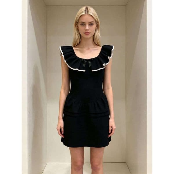 Designer's high-end women's summer new French Hepburn style waist pleated shoulder black dress