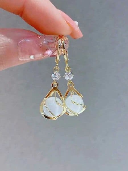 European American Cat Eye Stone Drop Earrings Classic Sweet Waterdrop Long Jewelry Z260515