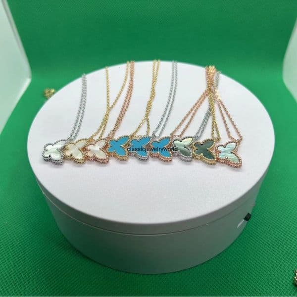 vanly cleeffly High-end Arpels butterfly necklace for women four-leaf clover necklace 18K rose gold white mother-of-pearl blue agate