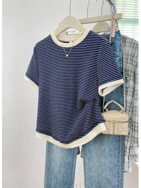2026 Womens Loose Fit Casual Stripe Short Sleeve TShirt Comfortable Breathable Cotton Polyester Blend Summer Top 260515