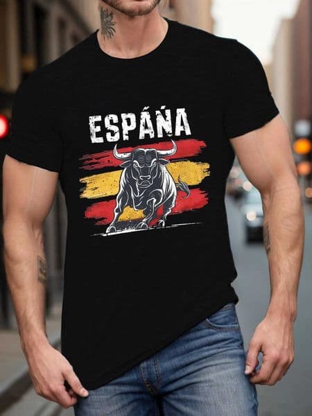 Mens casual short sleeved T-shirt with Spanish flag and bull pattern breathable machine washable summer style H260515