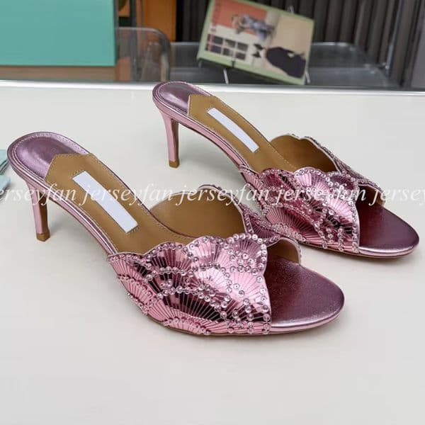 Women Metallic Leather Open Toe Mules Fan-Shaped Crystal Cutout Slip-On Stiletto Heel Sandals 33609