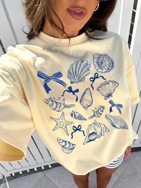 Summer American Retro Y2k Marine Animal Conch Bow Pattern T-shirt Womens Loose Round Neck Strt Clothing Half-slved Top Z260515