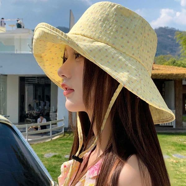 Flower Plaid Summer Fisherman Hats For Women Large Brim Bucket Hat Outdoor Travel Sunshade Panama Lacing Cap T260515