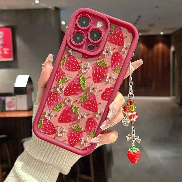 Flower Strawberry Painting Pendant Chain Phone Case For iPhone 17 16 15 14 13 12 11 Pro Max 16E XS X XR 7 8 Plus Silicone Cover Z260514