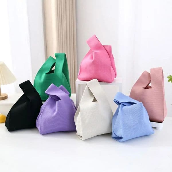 Solid Color Handmade Knitted Handbag Women Mini Knot Wrist Bag Casual Tote Bag Student Reusable Shopping Bags260506