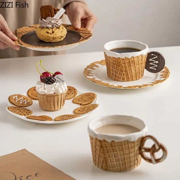 Creative Cookie Water Cup Cute Ceramic Mug Office Afternoon Tea Coffee Cup Home Breakfast Milk Cup Dessert Plate Drink SetJ260515