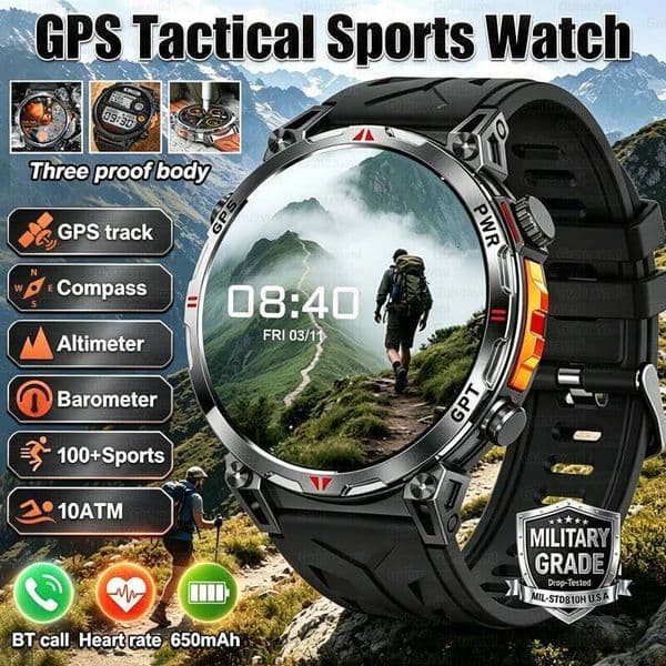 2026 NEW Tactics Smartwatch 10ATM Waterproof Dual-Frequency GPS AMOLED Screen 650mAh Compass 100+Sports Fitness Tracker Bracelet 26L0515