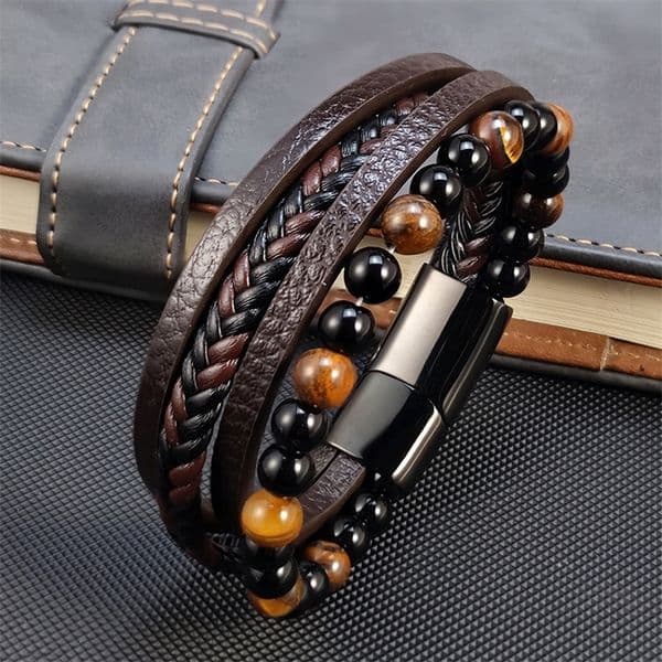Beads Eye Stone Bracelet for Men Four Layers Leather Bracelet with Stainless Steel Magnet Male Jewelry Gift 260514