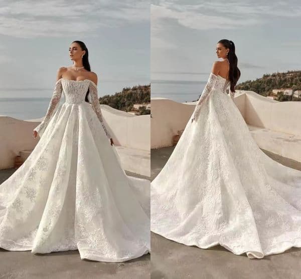 2026 Customized Delicate Lace A Line Wedding Dresses With Long Sleeves Sexy Off The Shoulder Corset Bridal Gowns Sweep Train Plus Size Women Bride Vestidos LG1335